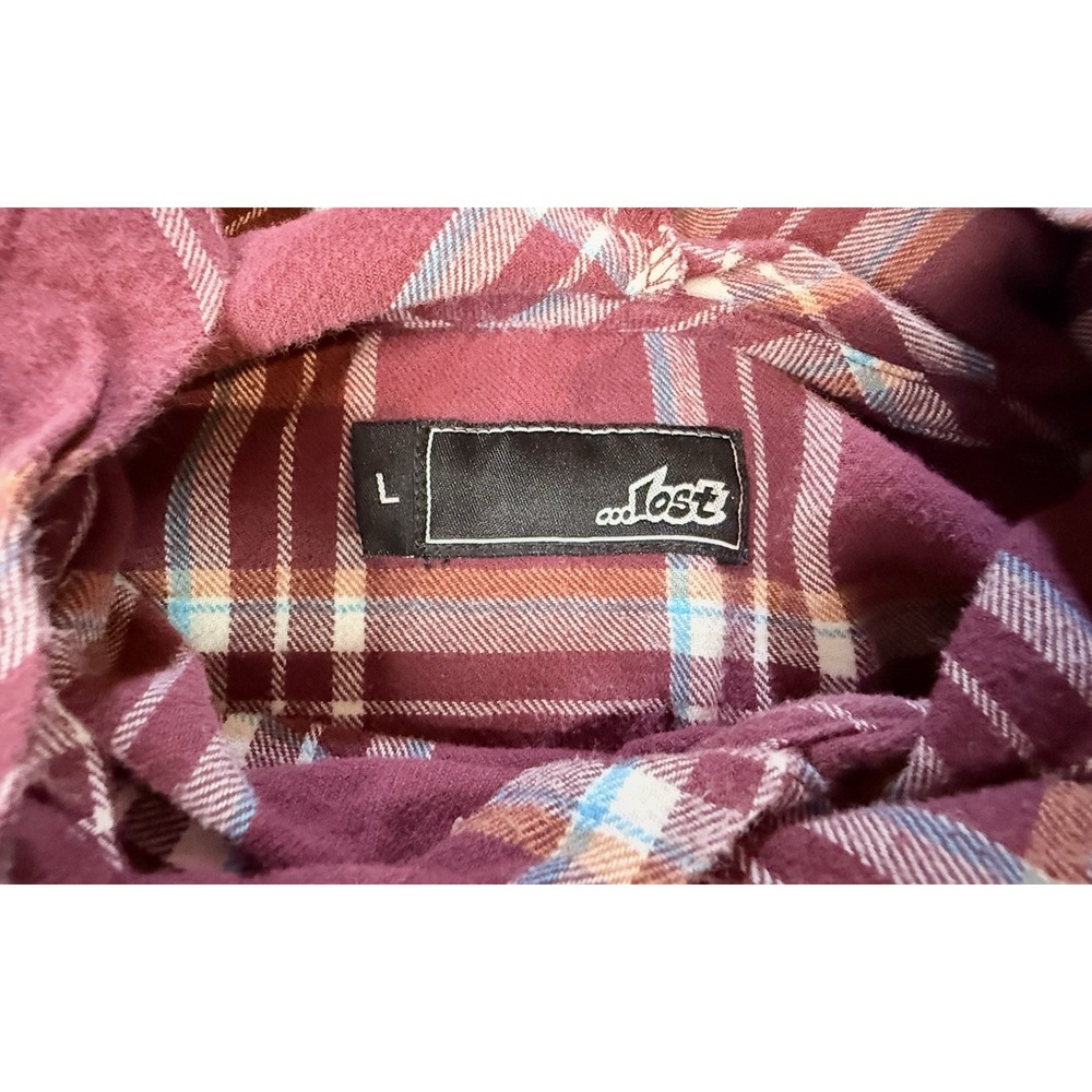 Lost Plaid Flannel Hoodie L Burgundy Cotton Pullover Skate Streetwear - Picture 8 of 11